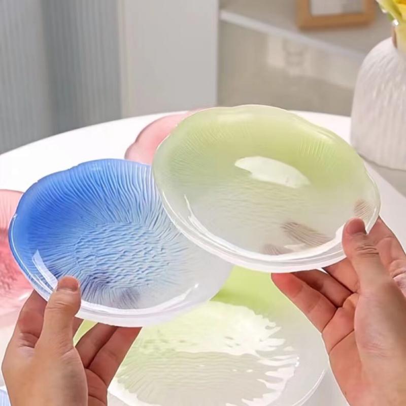 Gradual Color Flower Shaped Glass Plate Cake Dessert Dishes Salad Fruit Snack Tray Household Tableware Dinner Plate Tableware