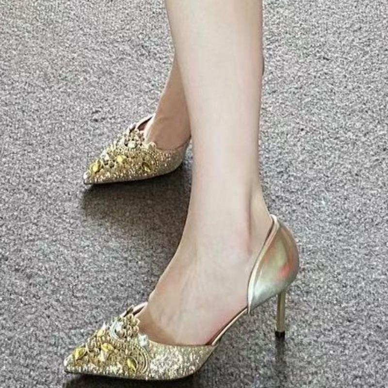 Fashion Thin Heel Shoes Spring New Style Pointed Head Shallow Mouth Crystal Set Foot Anti-slip Wear-resistant High Heels