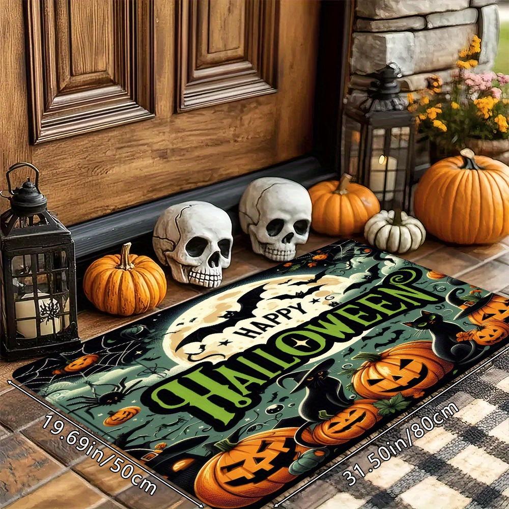 Halloween Pumpkin Cat Print Doormat, Spooky "Happy Halloween" Kitchen Rug, Absorbent Non-Slip Machine Washable Door Mat
