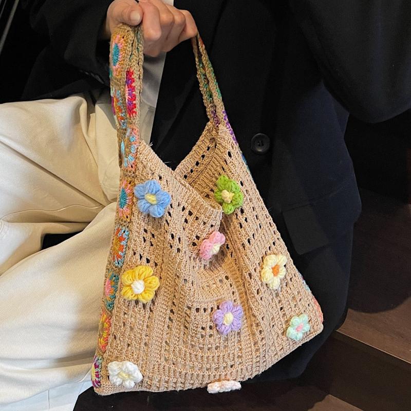 Women'S Crochet Bag Designer Flowers Knitted Handbags Large Capacity Summer Beach Woven Shoulder Bag Girls Tote Shopper Bag