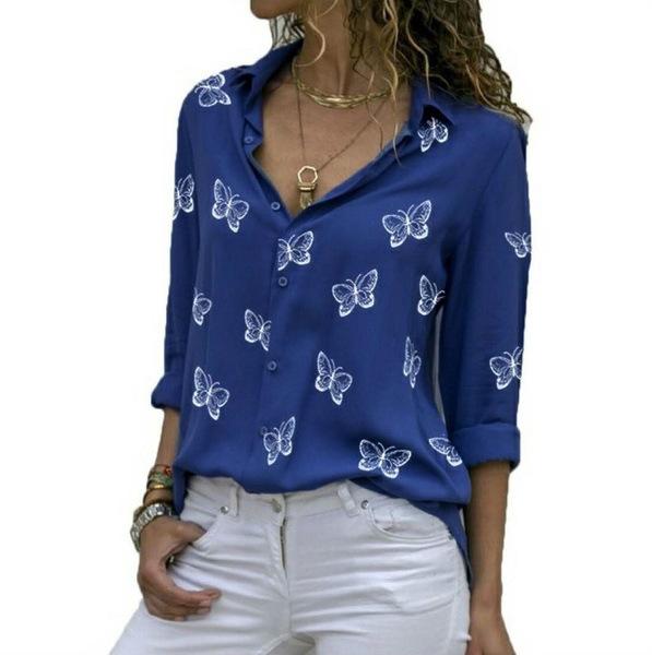 Spring Autumn Women Multi Colored Long Sleeve Blouse Oversized Turn Down Collar Loose Office Lady Casual Butterfly Printing Basic