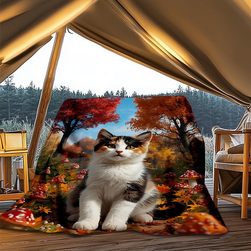 1pc Autumn Forest Cat Print Outdoor Soft Polyester Flannel Throw Blanket Versatile for All Seasons , Soft , Cozy , Warm All Season Quilted Throw ,
