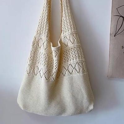 Solid Color Hollow Retro Woven Crochet Bag Knitting Handbags Women Shoulder Bags Large Capacity Shopping Tote