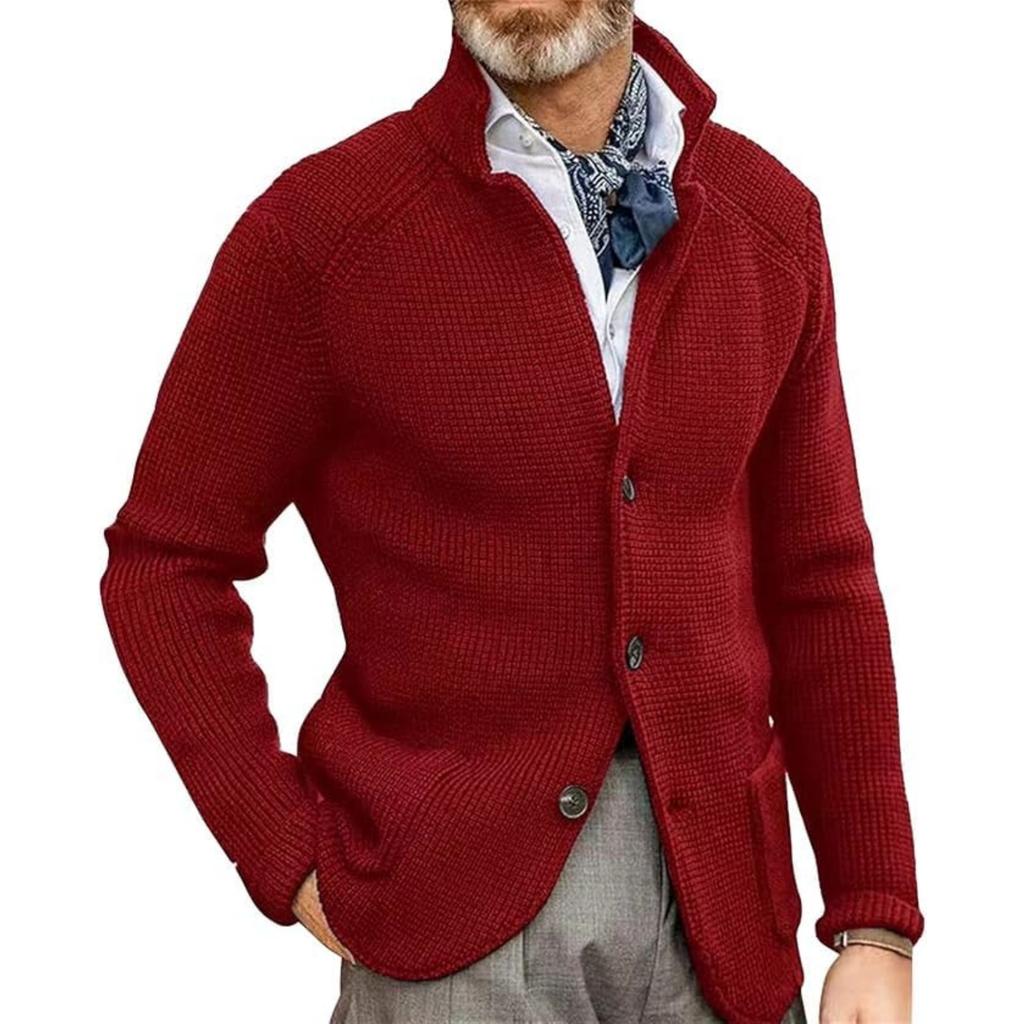 Men's Casual And Trendy Solid-color Warm Sweater Jacket, Men's Long-sleeved Button-up Stand-up Neck Knitted Sweater