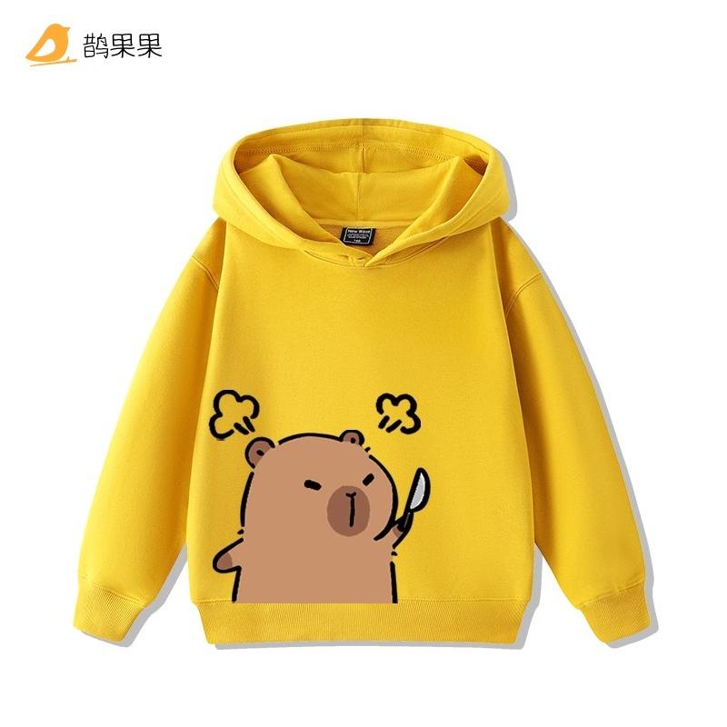 Children's cartoon fun capybara print casual hooded sweatshirt boys girls fall and winter outdoor comfortable warm hoodie