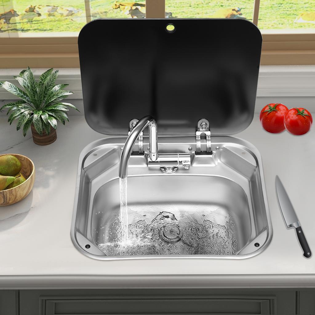 Stainless Steel RV Kitchen Sink with Faucet and Drainage Kit, Heavy-Duty Deep Hand Wash Basin for Camper Caravan Motorhome
