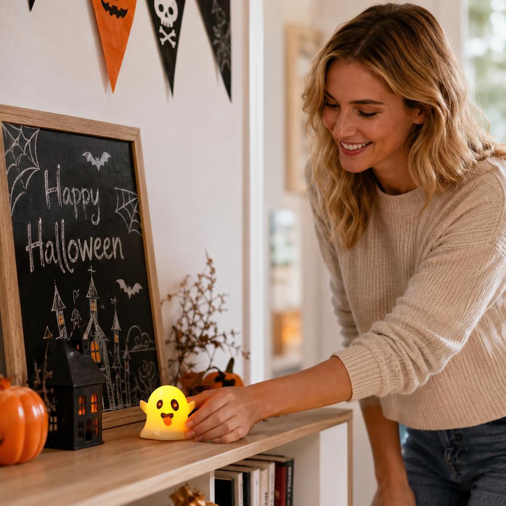 Halloween LED Candle Lights with Cute Faces - Pumpkin Shaped Flameless Night Light for Party Decor and Indoor Tabletop Decoration