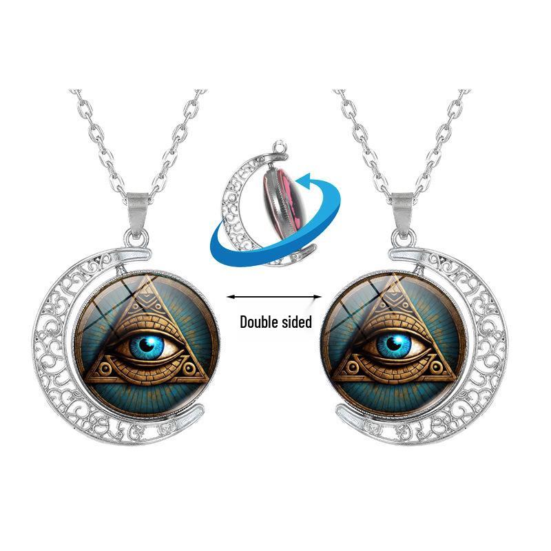 Ancient Egyptian Eye of Horus Rotating Moon Pendant Necklace - Women's Fashion Retro Sweater Chain Jewelry