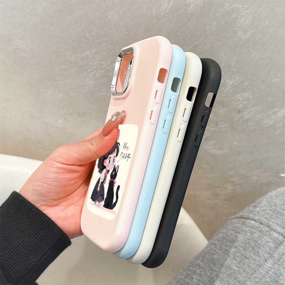 For iPhone 15 14 13 11ProMax 14 15 16 Samsung S25 S24 S23 S22 Redmi 10 13 14C Cartoon Black Cat Silver Edge Soft Liquid Silicone Protective Casing