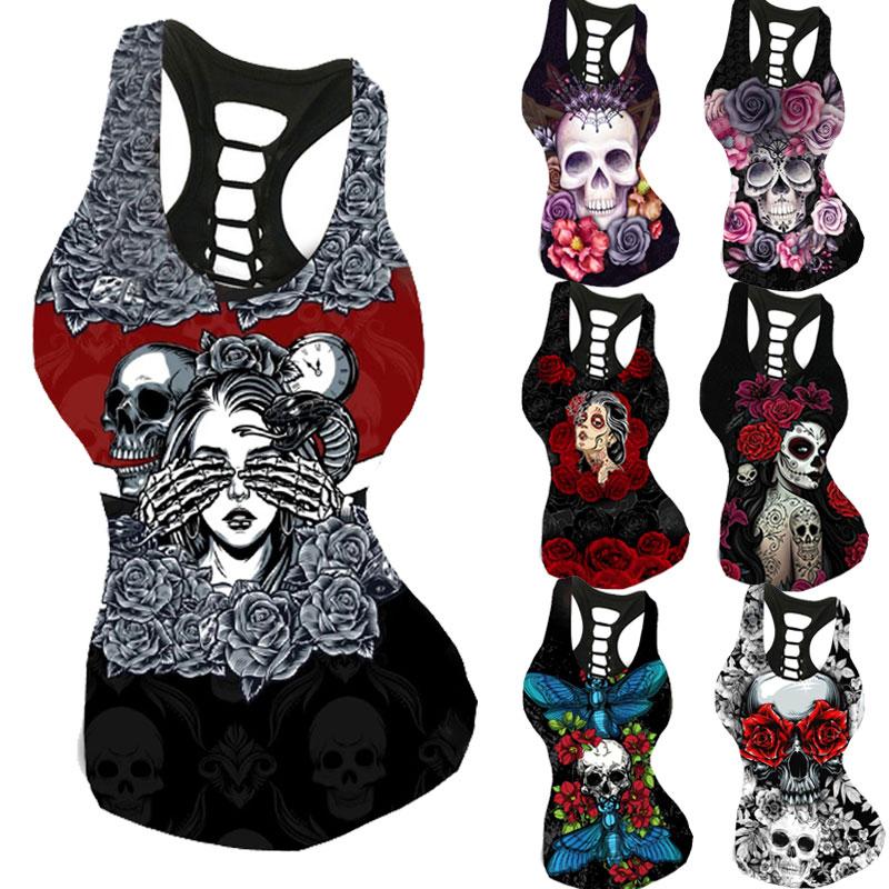 

Женщины Мода Панк Череп Печать Цветок Любовь Сахар Череп Печать Танк Топы Готика Без Рукавов 3D Prinnt Танк Топы