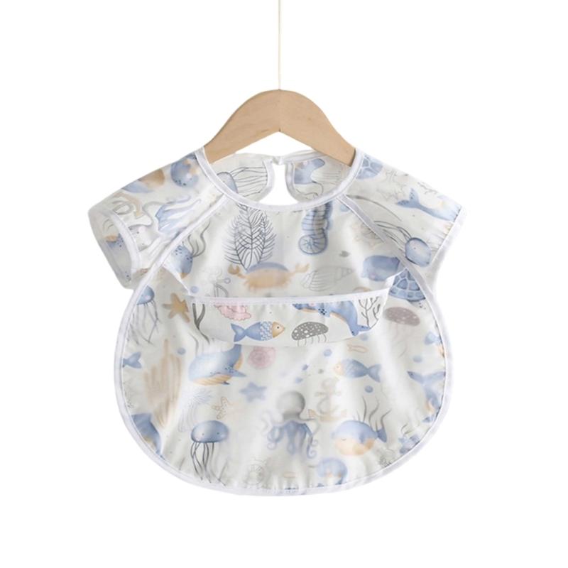 Spill Proof Short Sleeve Infant Bib with Adjustable Straps Easy Cleaning Smock For Eating Painting Outdoor Activity
