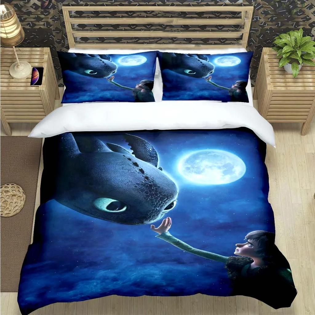 Anime-Themed Dragon Toothless Design Bedding, 3D Digital Print, All-Season Polyester Quilt Cover & 1/2 Pillowcases