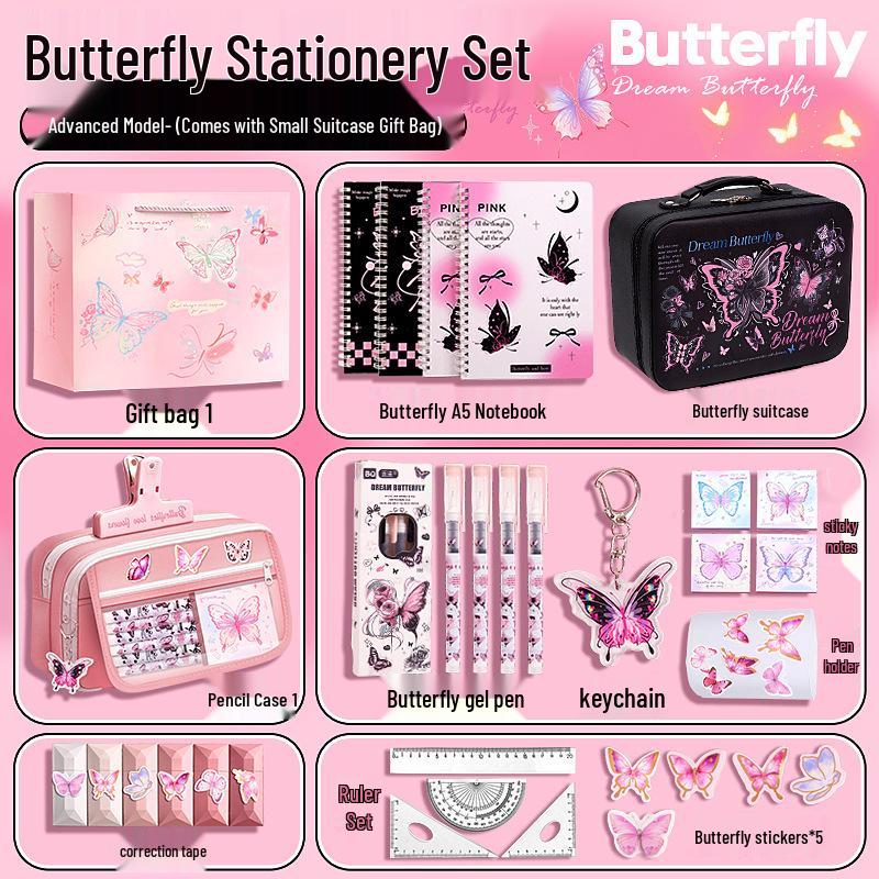 Pink Butterfly Stationery Gift Box for Girls, Back to School Supplies, Big Gift Pack for Tenth Birthday Party Favors