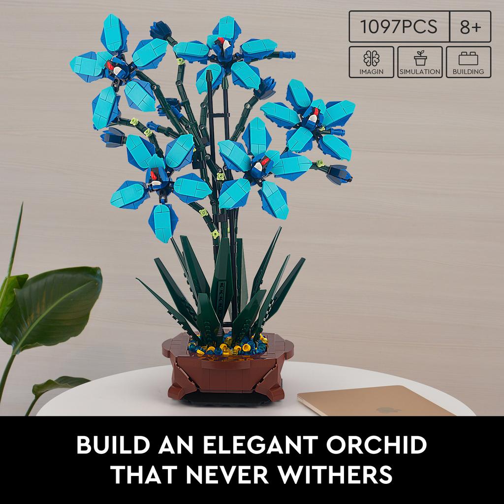 1097PCS Blue Orchid Potted Building Blocks MOC Bricks Toys DIY Plastic Bonsai Artificial Flowers for Home Decor Gift Set