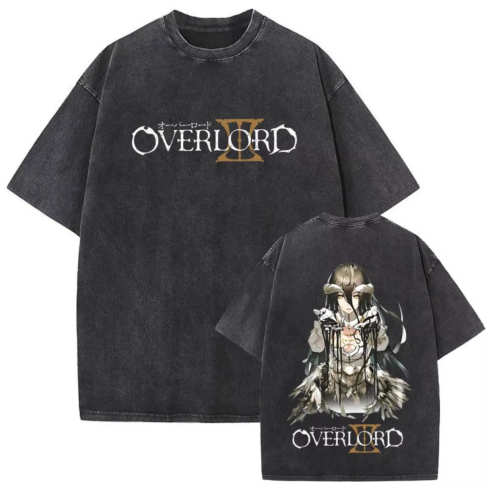 Anime Overlord Albedo Washed Vintage T-shirt Manga Graphic T-shirts Men Women Casual Retro Cotton Short Sleeve Casual Clothing