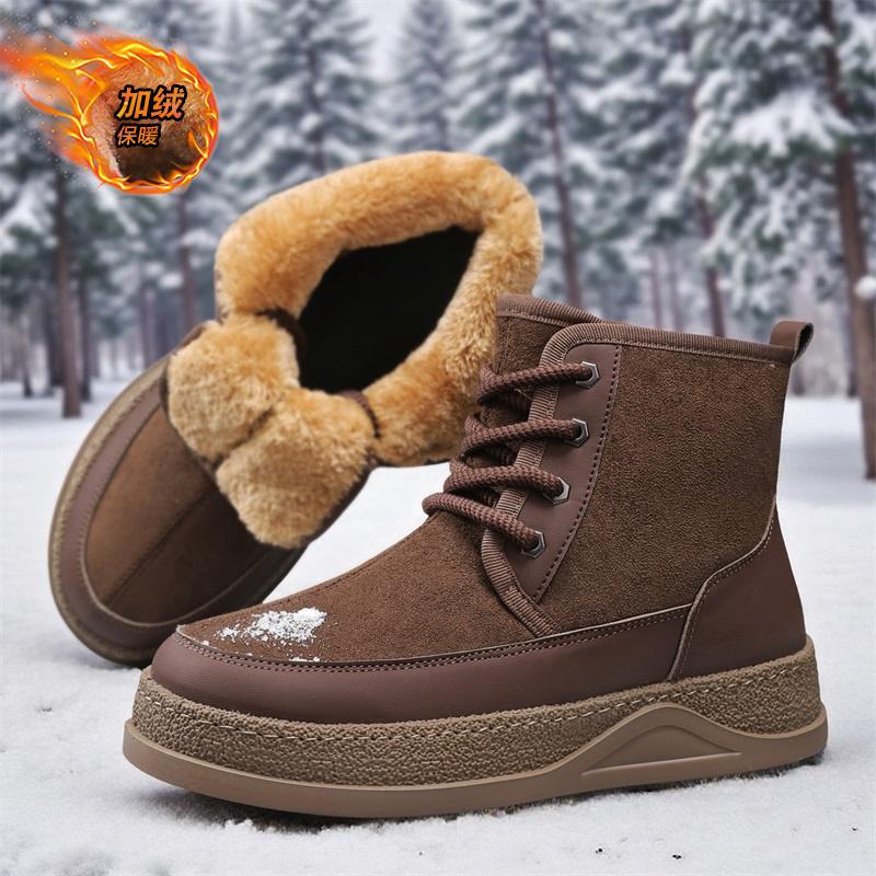 Snow boots winter new fleece warm outdoor high-top board shoes non-slip leather long fleece and wool large cotton shoes tide 39