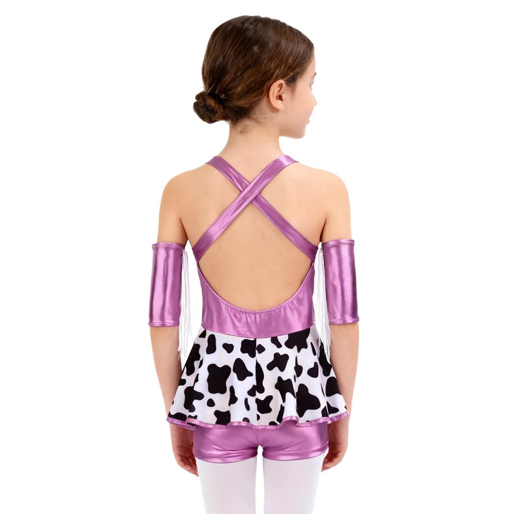 Mädchen Cowgirl Party Kostüm Metallisch Glänzendes Kleid Fransen Design auf der Brust Kreuzförmige Schulterträger Rückenfreies Oberteil mit Shorts