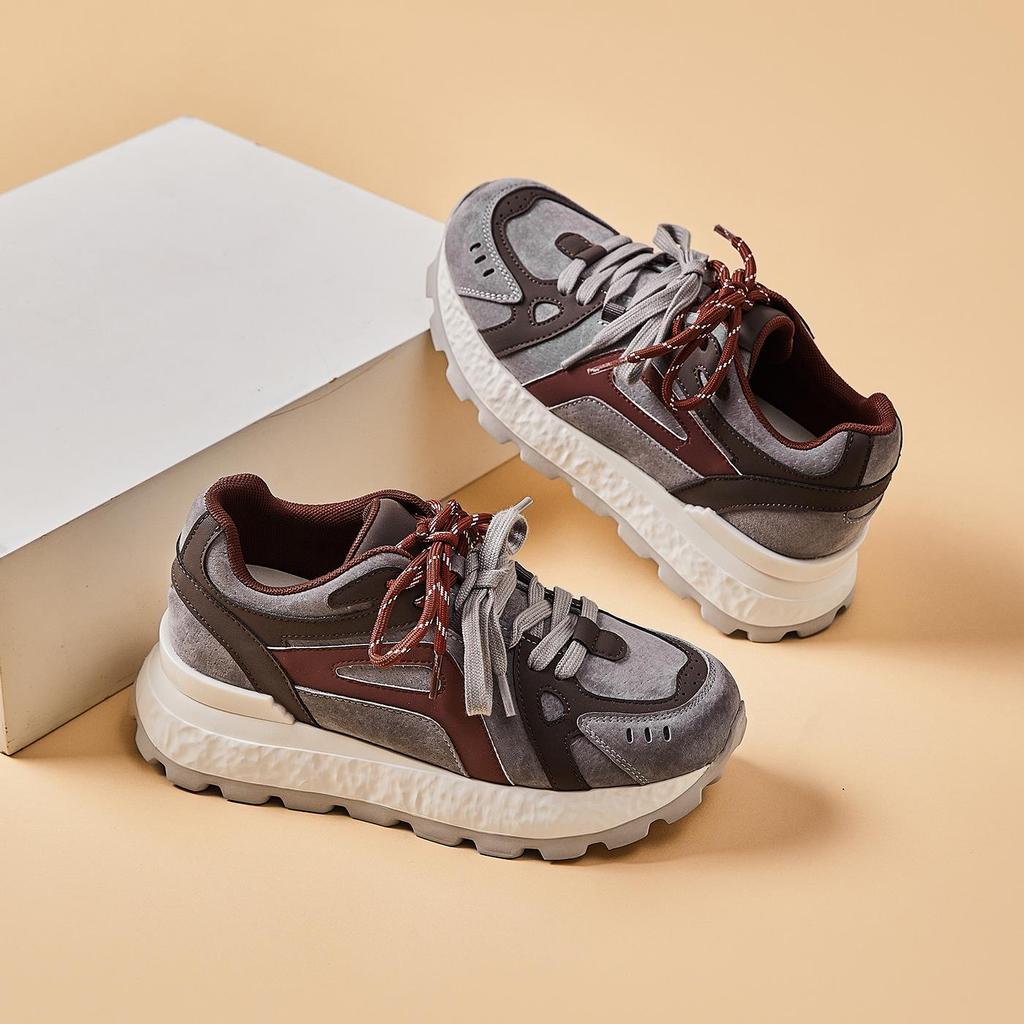 Genuine Leather 8CM Invisible Height Increasing Women's Retro Color Block Thick Sole Sports Shoes - Autumn 2025 Collection