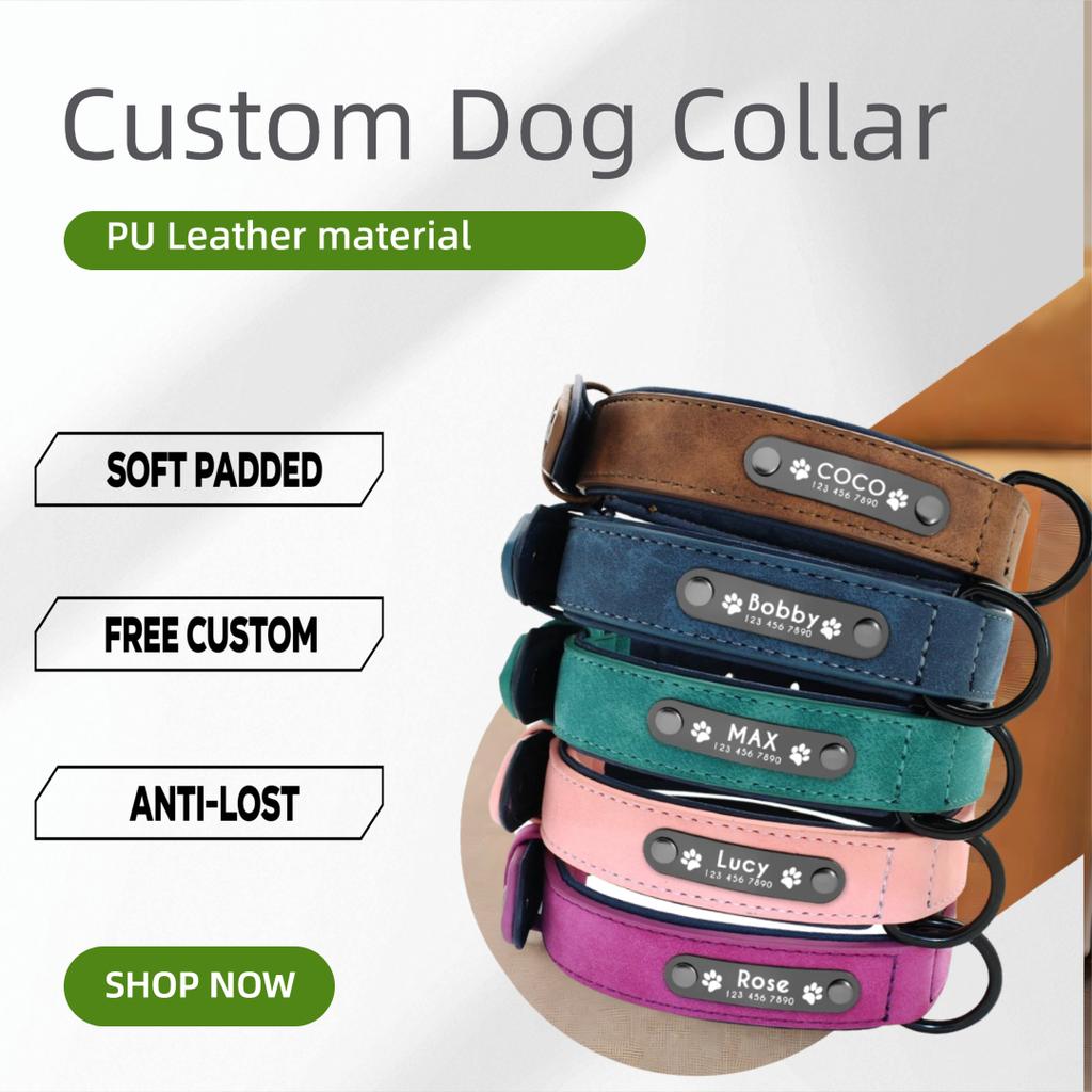 Customized PU Leather Dog Collar Free Engraving Dog NameTags Soft Padded Pet Necklace For Small Medium Large Dogs Pitbull Pug