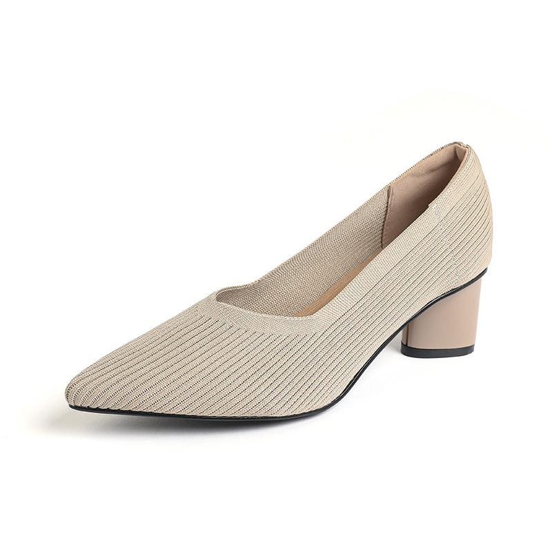 Fashion 2025 Pointed Toe Middle Heel Breathable Comfortable Knitted Shoes Women Shallow Mouth Chunky Heel Fashion Zapatos De Mujer Pumps