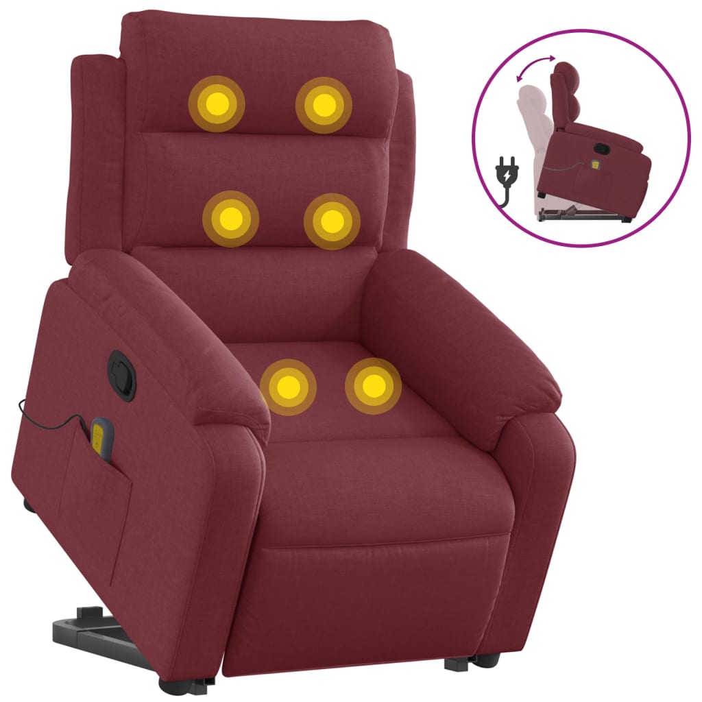 Massage Recliner with Rising Assistance Burgundy Fabric