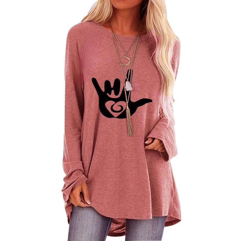 

Женская осенняя черная футболка больших размеров с принтом, удобная футболка с длинными рукавами и круглым вырезом, повседневная мешковатая футболка средней длины, топ