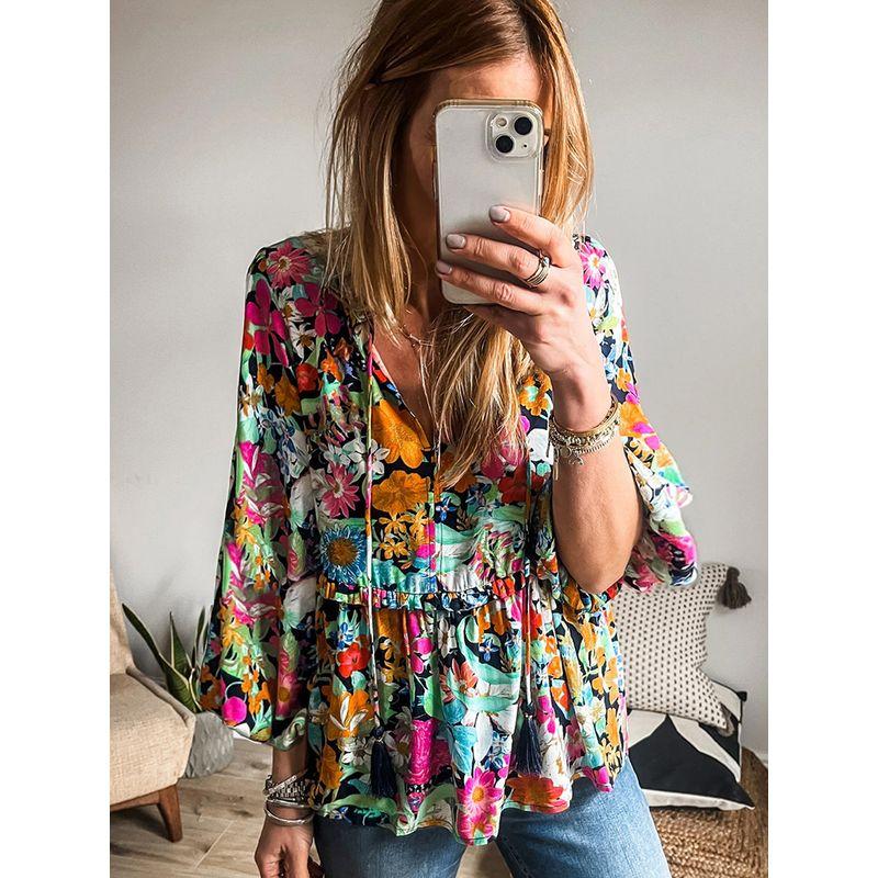 Early Spring New Arrival Florals Print Puff Sleeves Chiffon Shirt Women 2025 Fashion Fashion Color-Block V Neck Pullover Tops