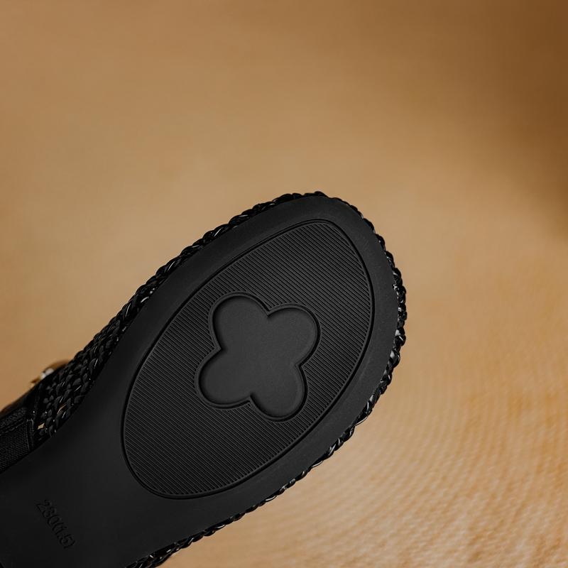 Fashion Women's New Genuine Leather Cowhide Middle Heel Woven Round Head Metal Belt Buckle Breathable Hole Baotou Mueller Slippers