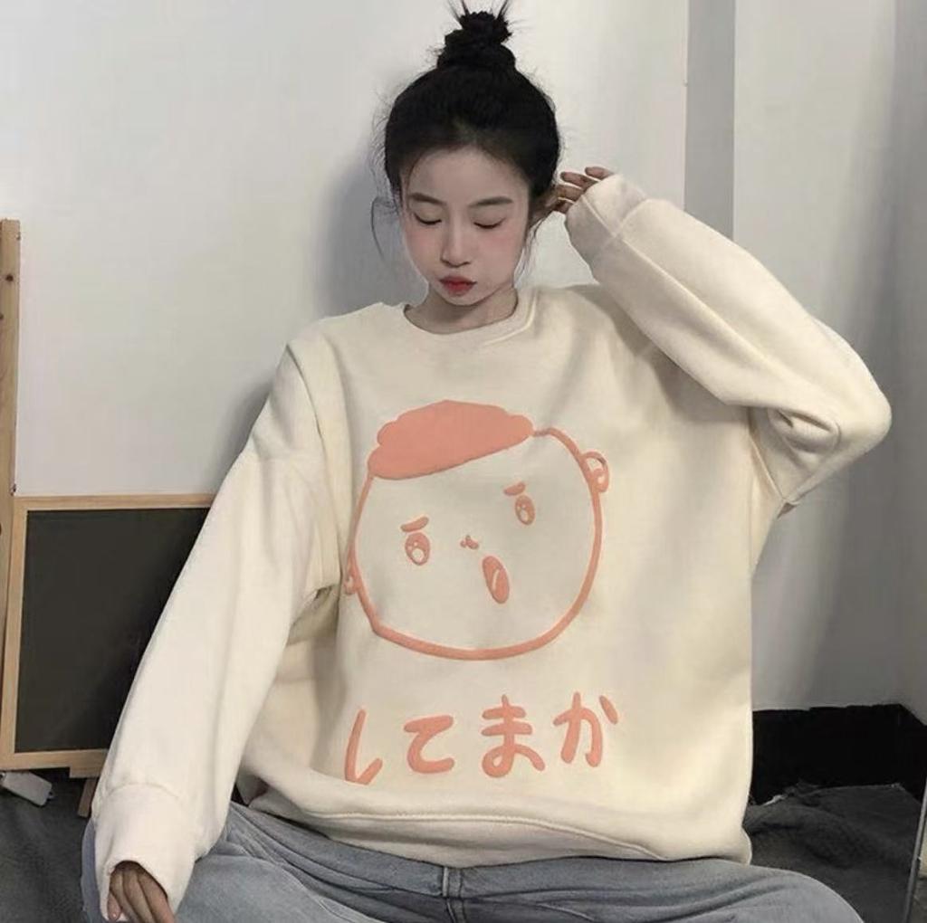 Japanese cartoon printing fleece thickened crew neck sweater jacket new loose warm in autumn and winter