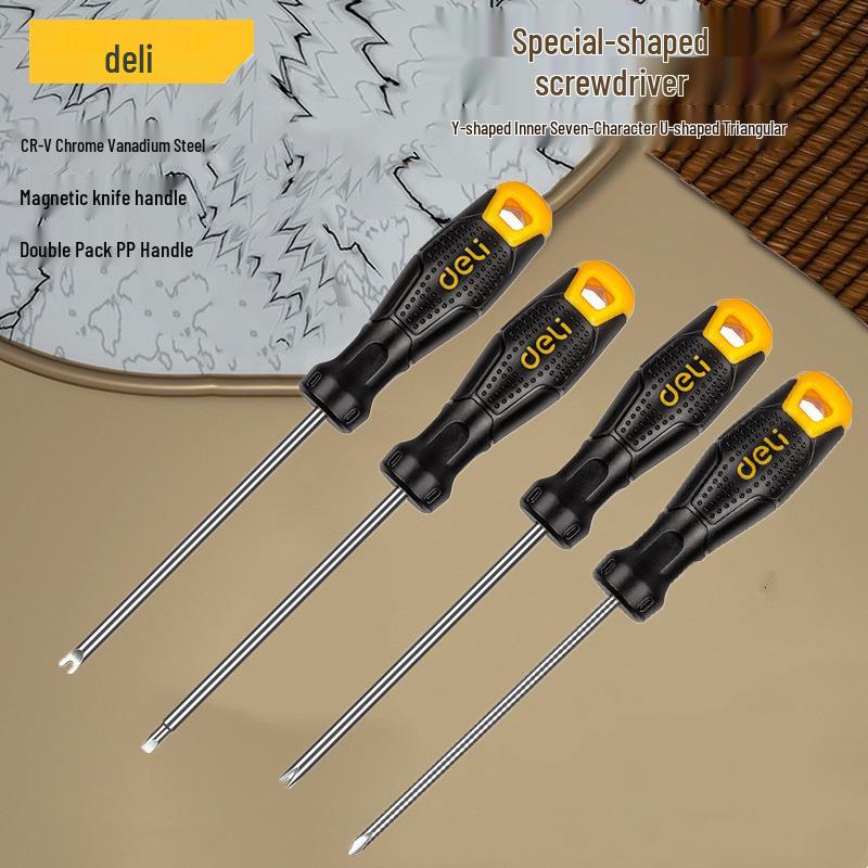 Deli Tools Multi-Shape Magnetic Screwdriver Set: Triangle, Y, U, Phillips, and Socket Types.