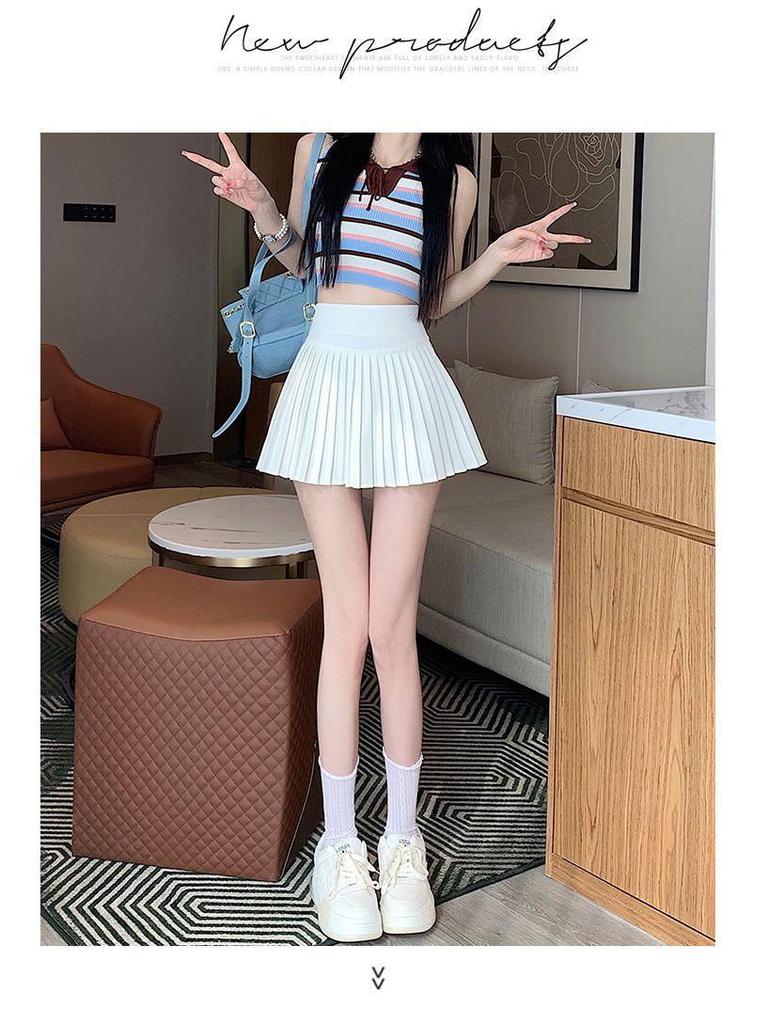High-Waisted Summer A-Line Pleated Skirt for Women - Sweet & Fresh, Anti-Exposure, College Style, Petite Short Length.