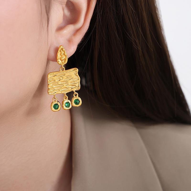 Mechanism-Inspired Zircon Square Plate Earrings, Titanium Steel, 18K Gold, Non-Fading, Personalized Statement Ear Jewelry