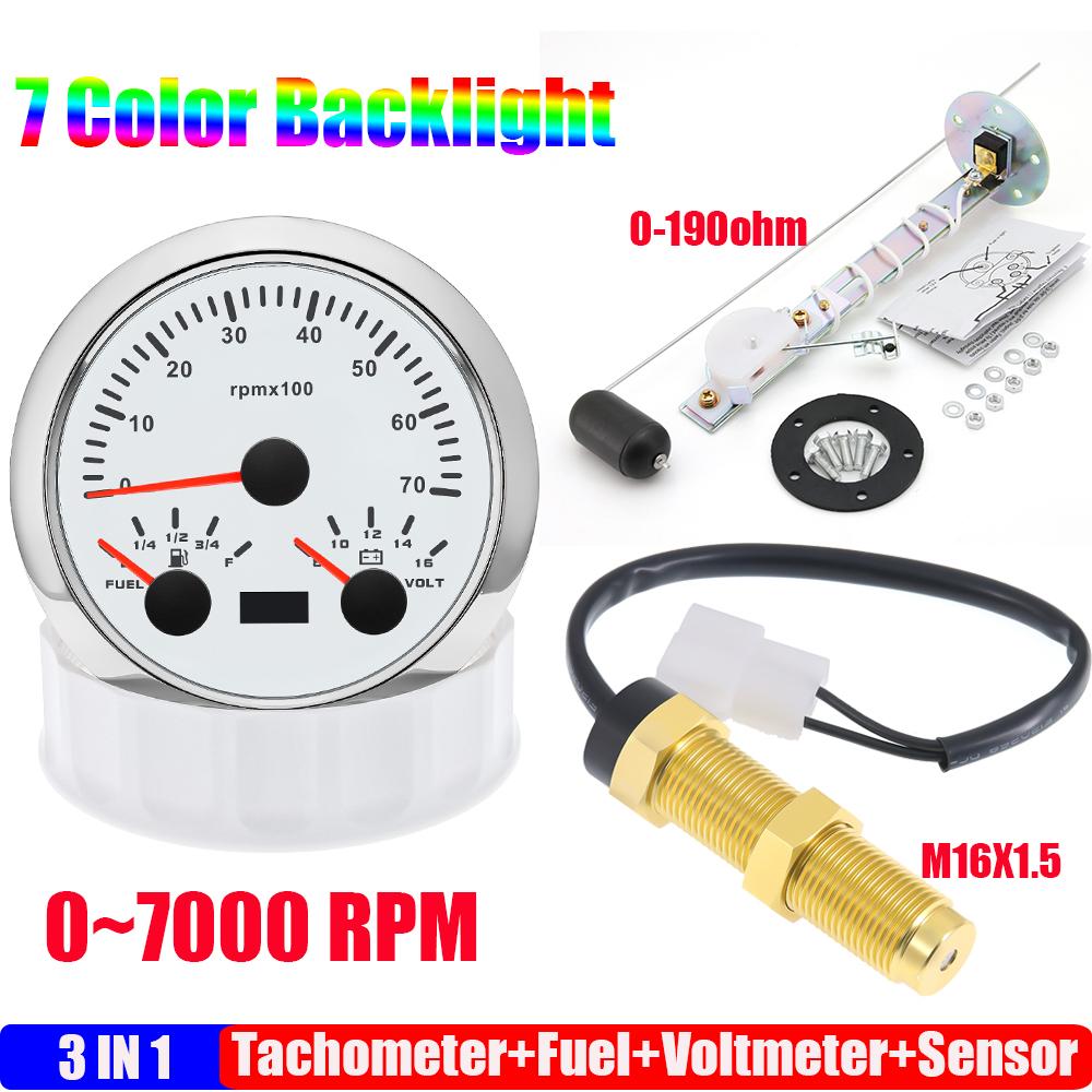 85mm Auto Car Gauge 3-in-1 Tachometer Fuel Level Voltmeter 7 Color Light Multimeter with Sensor 0-190ohm Boat/Yacht 12V
