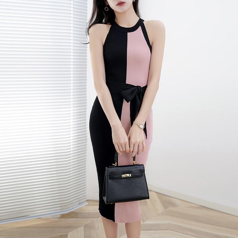 Dámské letní žakárové pletené strečové zeštíhlující patchworkové šaty na zavazování