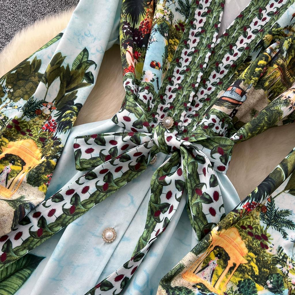 Summer Autumn Women Vintage Print V-neck Full Sleeve Single Breasted Long Maxi Holiday Seaside Dresses