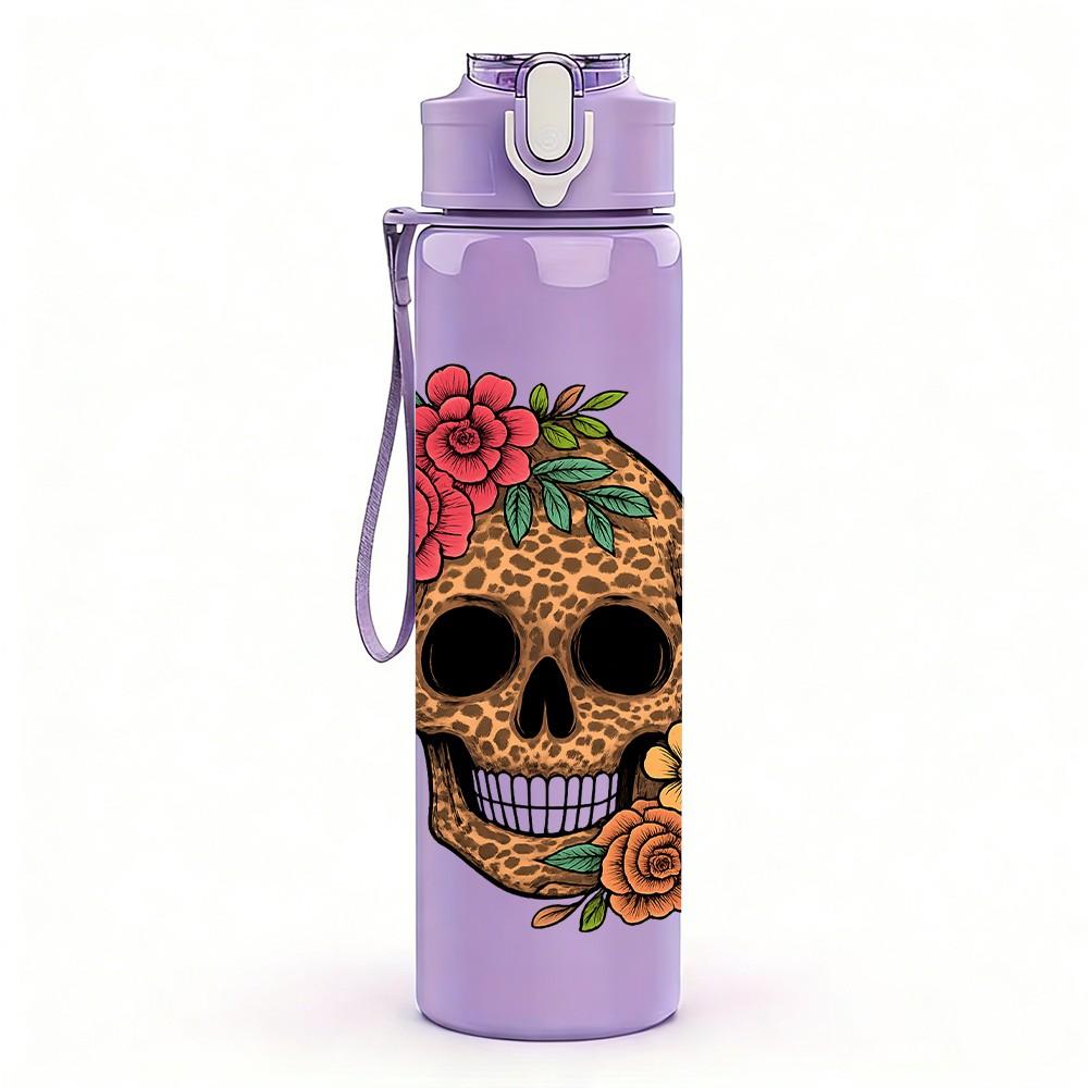 1PC Vintage Rose Skull 750ml Color Plastic Sports Water Bottle Leakproof Flip Straw Lid Suitable for Sports Office Home Use