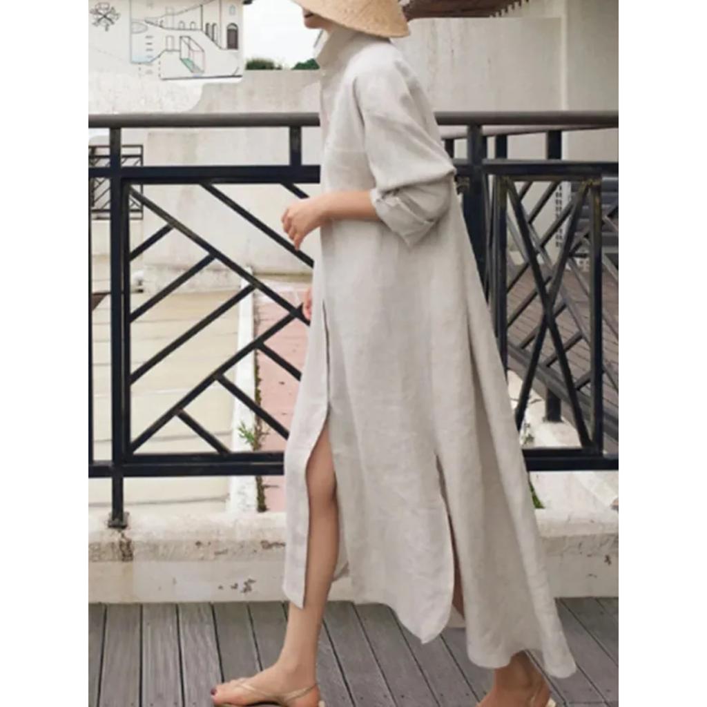 Spring and Summer Cotton and Linen Shirt Skirt Loose Irregular Shirt Cardigan Long Dress