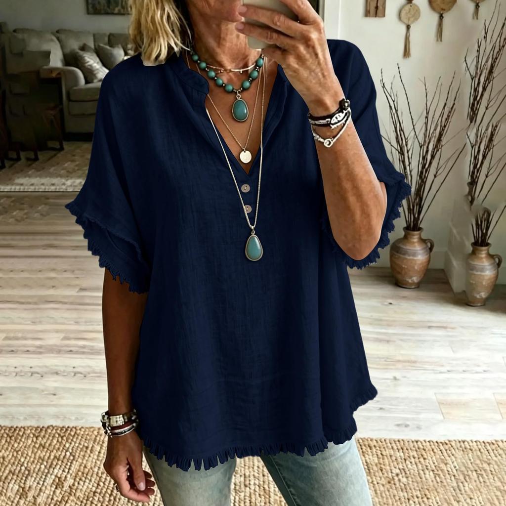 Women Casual V Neck Shirt Fringe Trim Short Sleeve Blouse Button Detail Loose Fit Top for Everyday Wear
