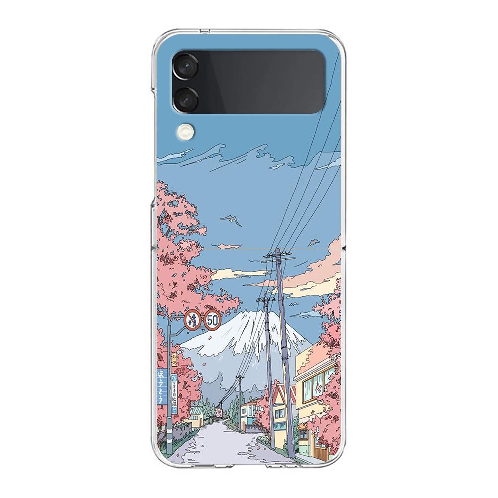 INS Korean Sunset Scenery Case For Samsung Galaxy Z Flip 3 4 5G Hard HD Folding PC Phone Cases For Samsung Z Flip3 Clear Cover