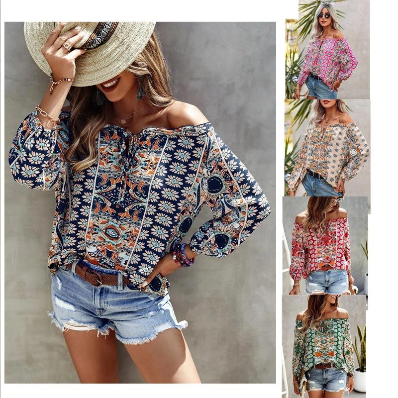 2023 Summer New Bohemian Style Floral Print Off Shoulder Long Sleeved Shirt for Women