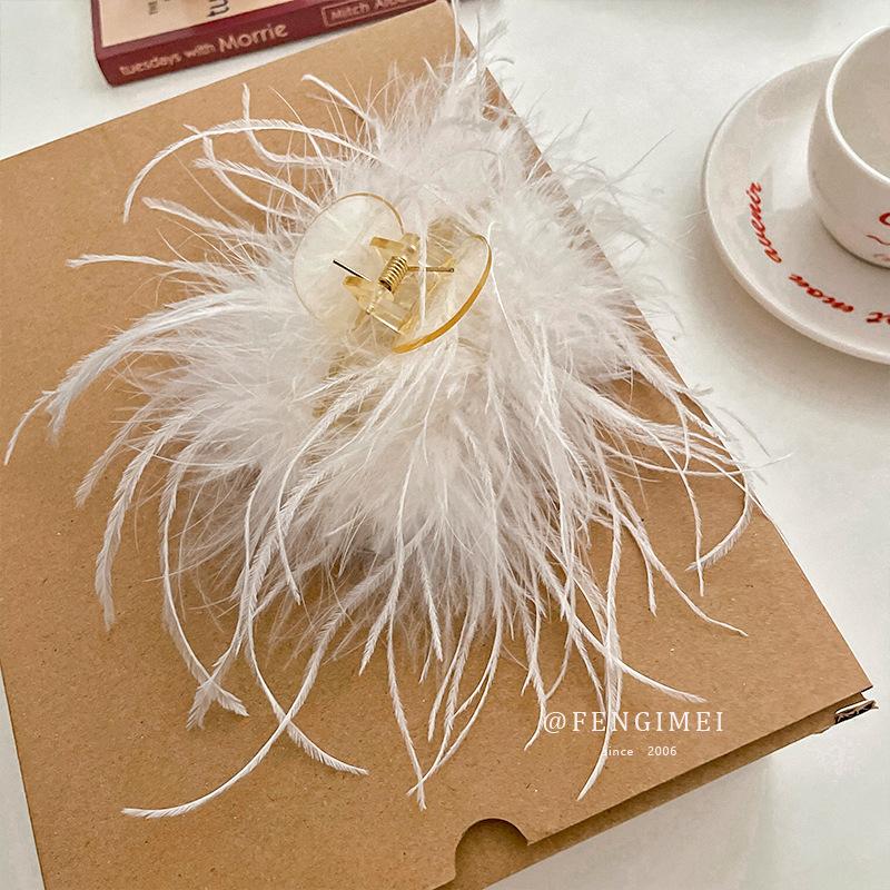 Design Ostrich Feather Grab Clip New Internet Celebrity Ins Wind Back Head Disc Hair Shark Clip Personalized Hair Accessories