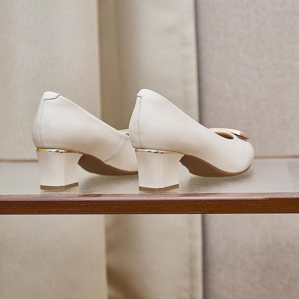 Women's French-Style Chunky Heel Cowhide Shoes - 2025 New Soft Sole, Low-Cut, Comfortable for Long Wear, Versatile for Work and Banquets