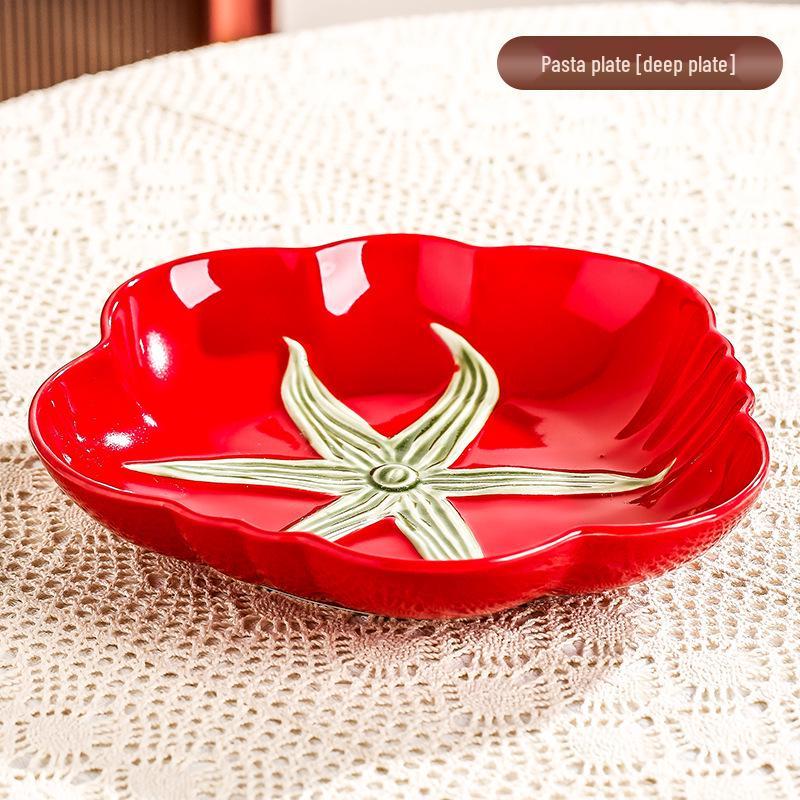 Tomato Ceramic Tableware: Tomato-Shaped Dinner Plates, Heart-Shaped Dessert Bowls, Festive Fruit Plate, Red Storage Jar.