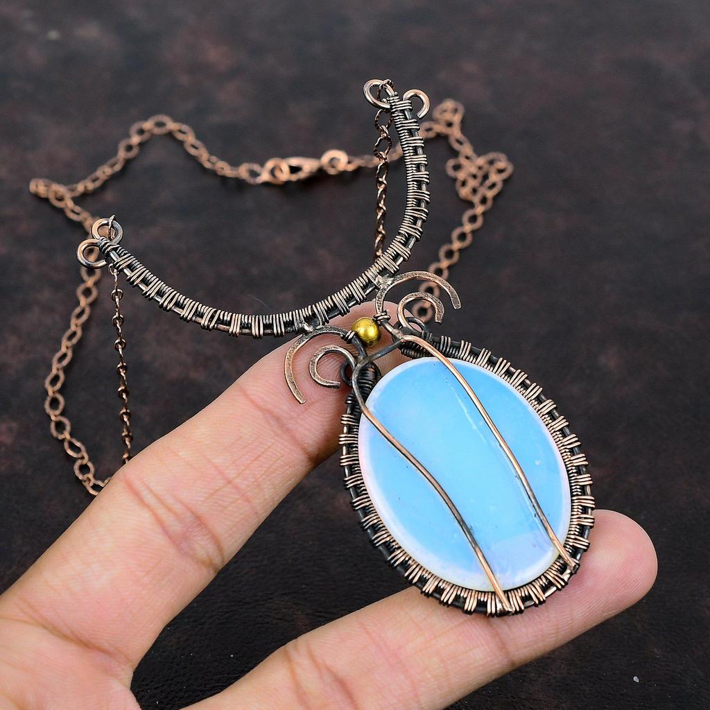 Milky Opal Necklace Copper Wire Wrapped Necklace Adjustable Necklace Gemstone Necklace Copper Wire Wrap Jewelry Handmade Necklace For Gift