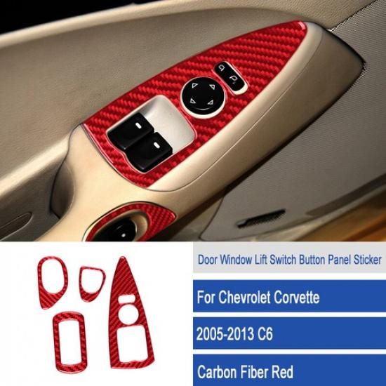 Red Carbon Fiber Car Inner Door Window Lift Panel Cover For Corvette C6 2005-13