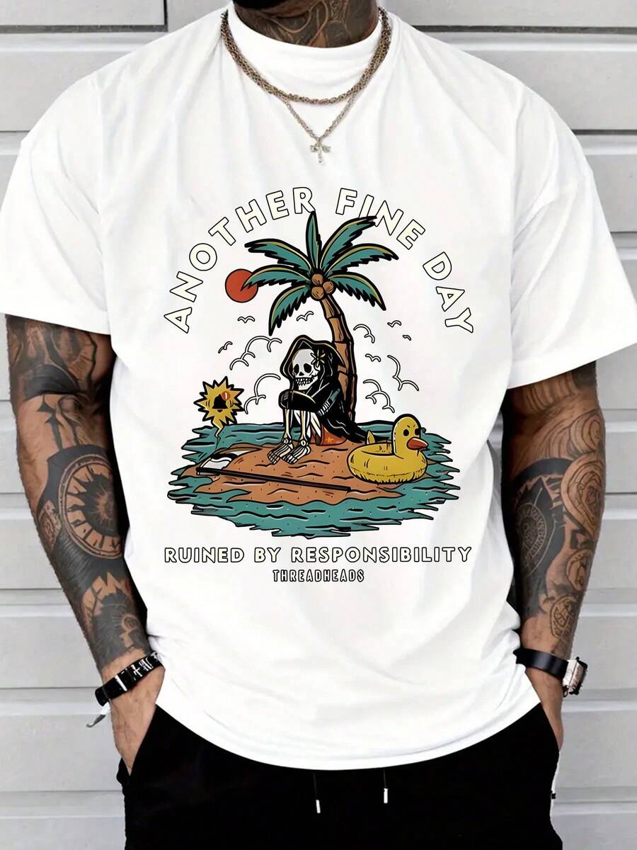Casual Graphic Tee Showcasing ANOTHER FINE DAY RUINED BY RESPONSIBILITY With Skeleton Palm Tree S разноцветный