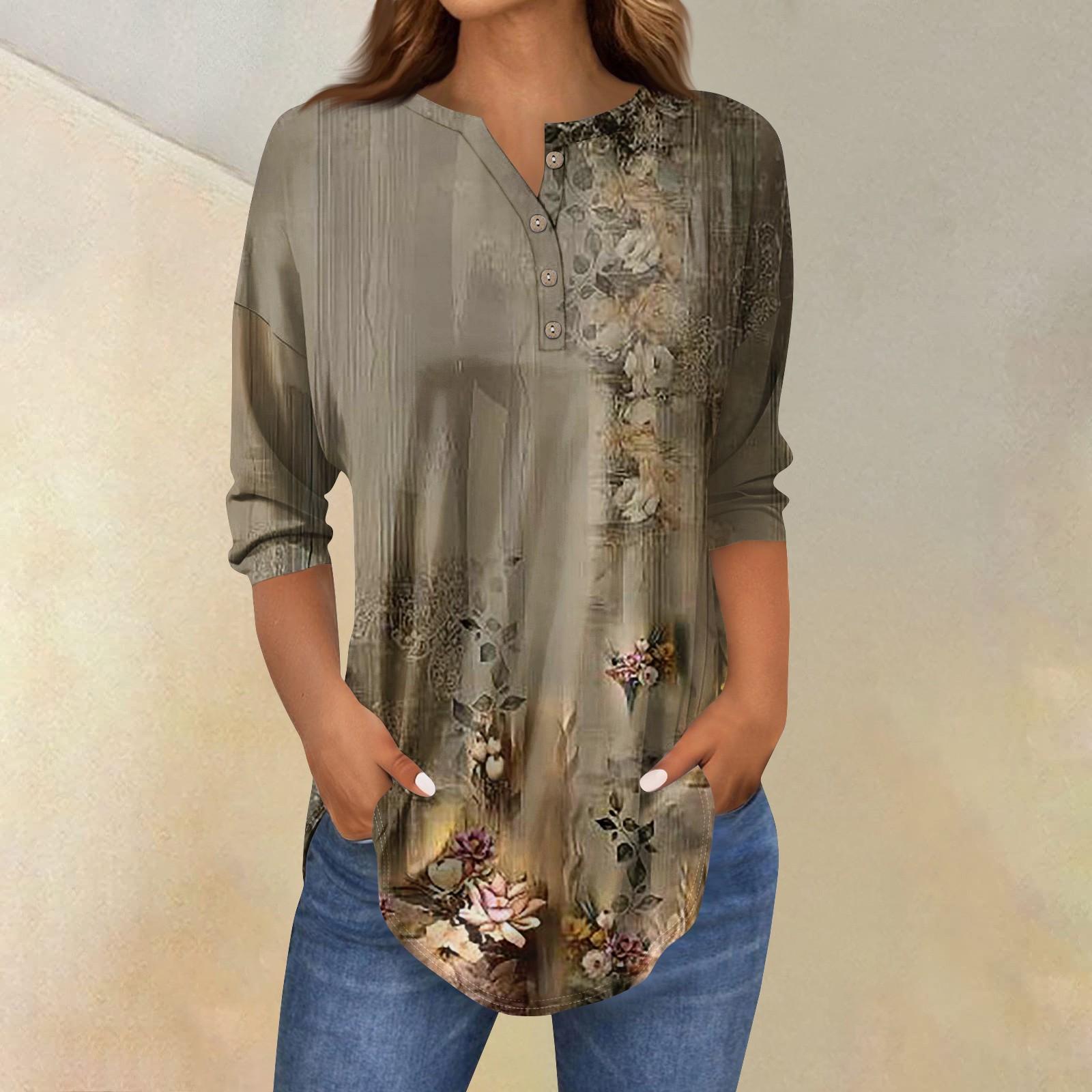 

Рубашки с рукавом 3/4 для женщин, модные, повседневные, с круглым вырезом, с принтом, футболка, топ XXXL светло-коричневого