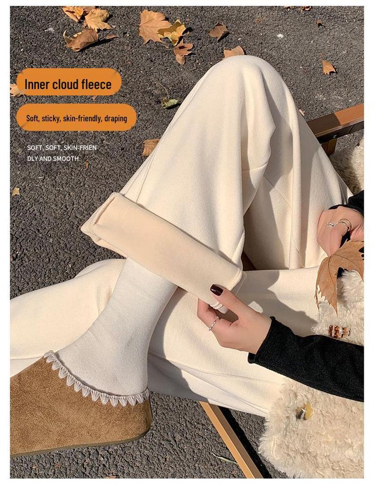 Off-white Wool High-Waisted Wide-Leg Pants for Women - Autumn/Winter, Plus Velvet, Slimming Fit.