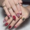 30PCS Gold Foil Wearable Nails: Red French Style with 3D Flowers & Rhinestones