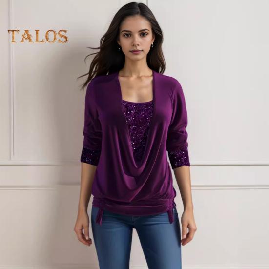 Women Velvet Tops Swing Collar Long Sleeve Drawstring Hem Shirring Pullover Tops Solid Color Sequins Stitching Blouse